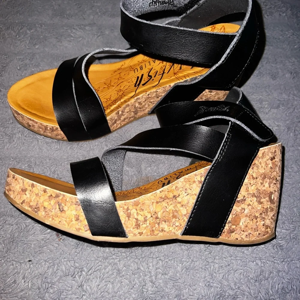 Blowfish Black and Tan Strappy Wedges - Picture 2 of 3
